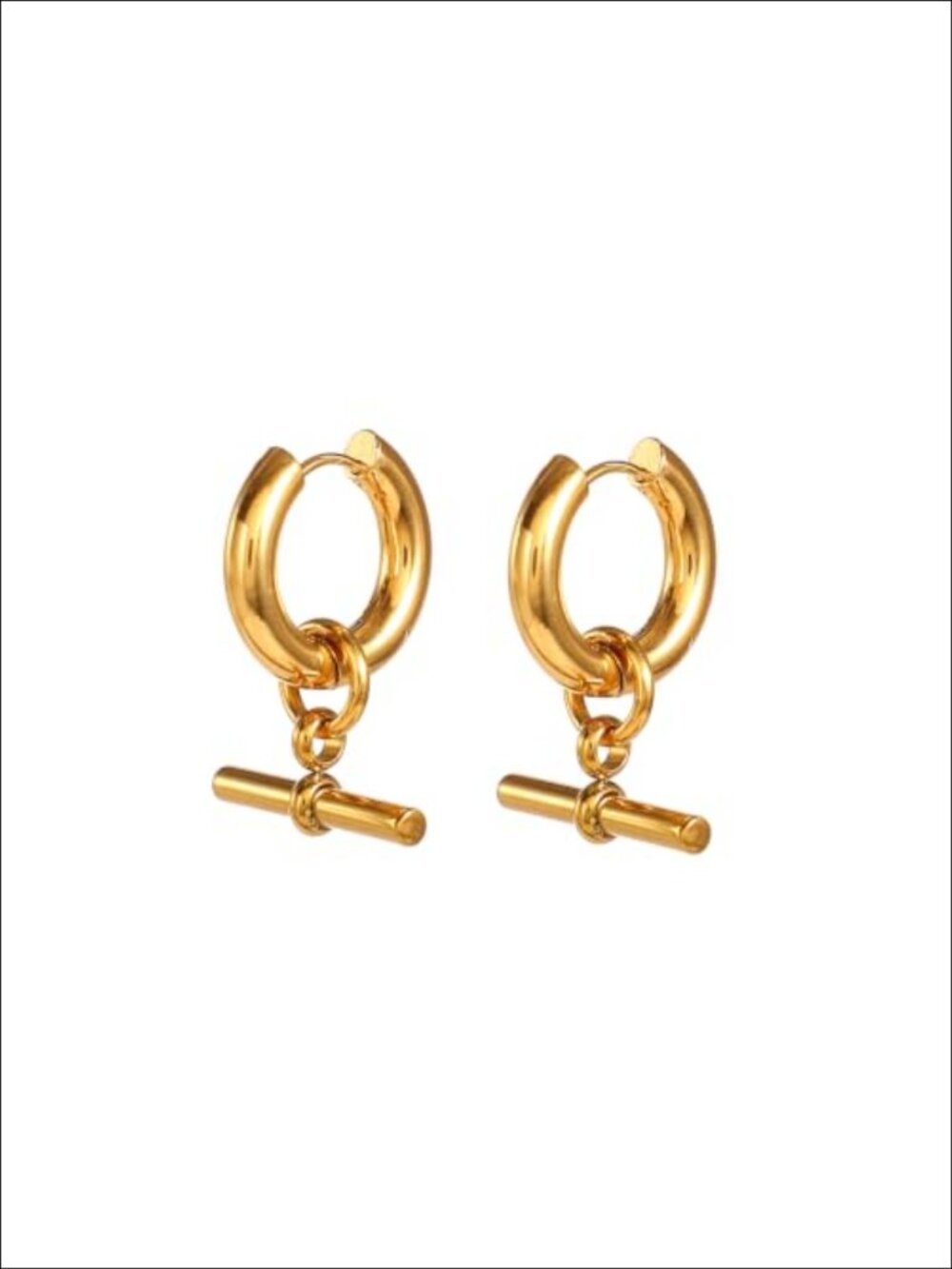 18K Gold Plated C-Hoop Earrings White Zircon T-Bar Pendant Stainless Steel